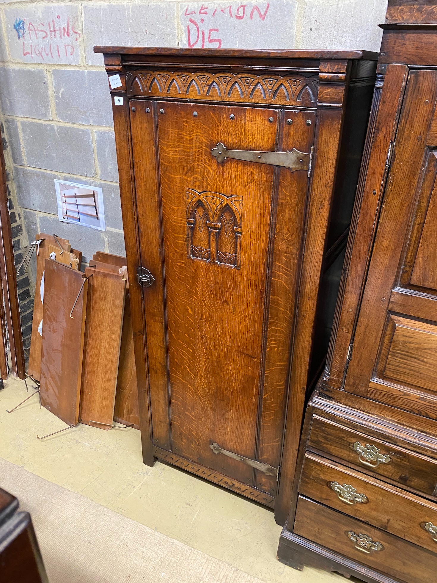 A 17th century style oak vestry cupboard, width 76cm, depth 46cm, height 167cm